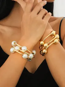 Vintage Chunky Silver Color Pearl Bracelet Set, European & American Style, Perfect for Women's Beach, Dating, Fashion Shoots, Chunky Jewelry