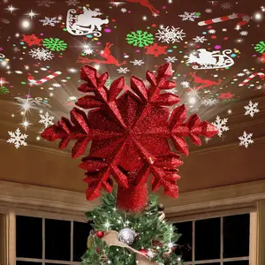 Christmas Tree Topper Lighted with 6 Projected Patterns -Snowflake Tree Topper Magic Rotating Lights - Glitter Dynamic Projector Xmas Tree Topper for Festive Party Decorations (Red)