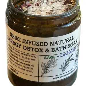Reiki Infused Natural Energy Detox & Bath Soak for Body and Mind with Sage, Lavender, Lemon, Himalayan Pink Salt, and Essential Oils
