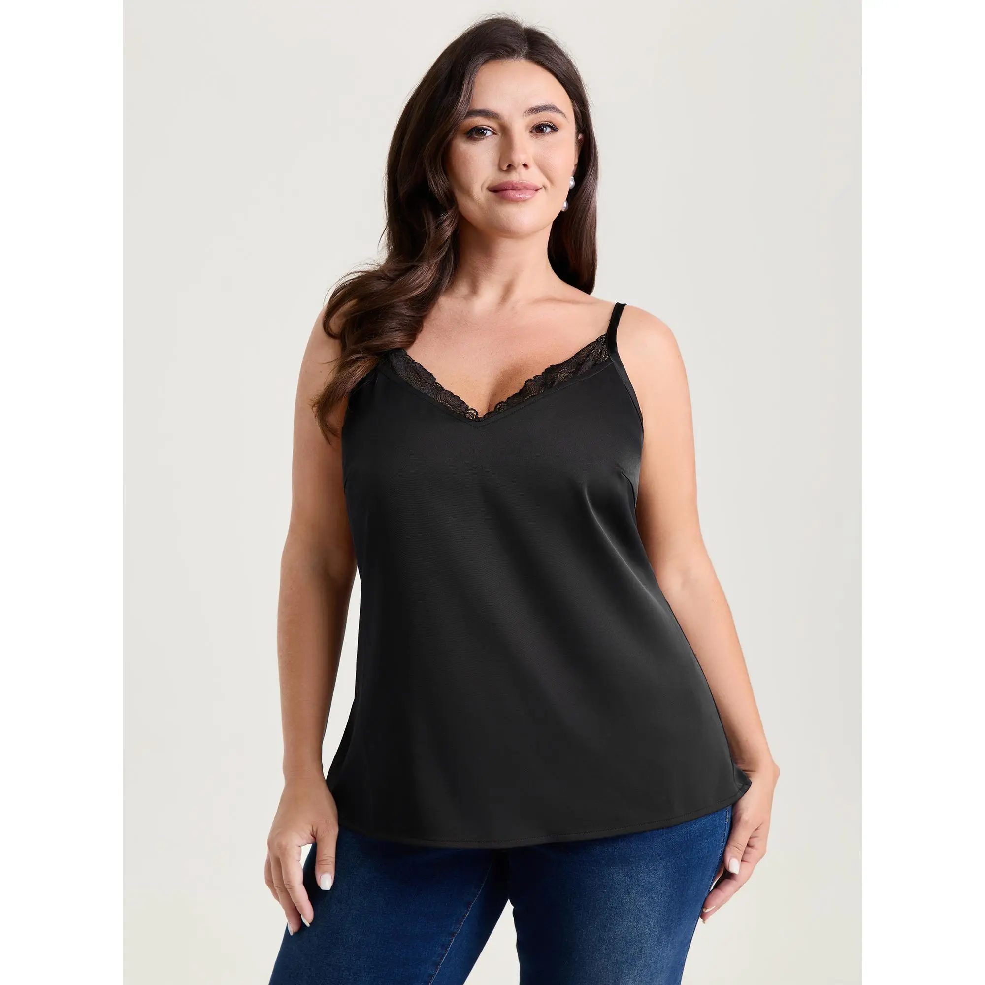 BloomChic Women's Plus Size Fashion Tank Top, Romantic V-Neck with Lace Detail, Sleeveless Smooth Low Iron Polyester Fabric, Garment, Fit