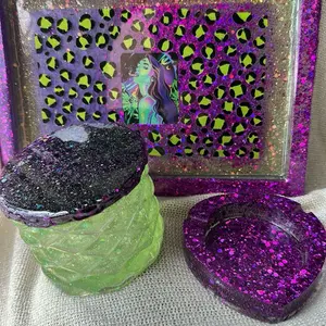 Purple Glittered Resin Tray with Green Leopard Print