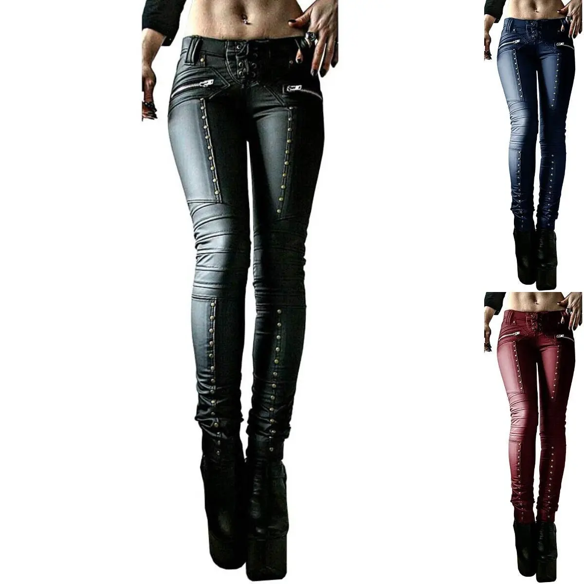 Women's Faux Leather Leggings Gothic Punk Skinny PU Leather Pants Mid Rise Novelty Studded Tight Pants