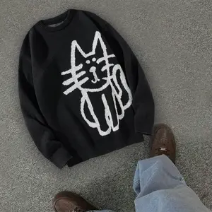 #SummerVibes Cartoon Cat Jacquard Loose Sweater American Daily Wear Casual Pullover Knitted Sweater Dopamine Color College Style Unisex Sweater