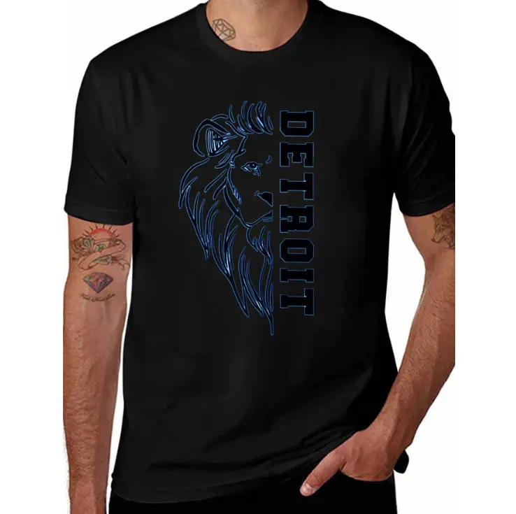 Men's 220G Cotton Detroit Lions Print Casual T-Shirt, Round Neck, Shortsleeve, Regular Fit Menswear, Casual Streetwear Top for Daily Outings