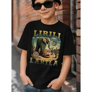 Young Boy's LIRILI LARILA FUN Italian Brainrot MEME Surreal Elephant Desert Clock Funny MEME Graphic Cotton T-Shirt For Young Boys, Black 100% Cotton T-shirts With Surreal Elephant Desert Theme Stranger Style Up Side Down Things/67 MEME Shirt, Funny MEME