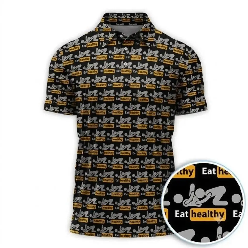 Eat Healthy Pattern Golf Polo Shirt for Men – Funny Food Theme Golf Shirt, Lightweight Breathable Performance Apparel