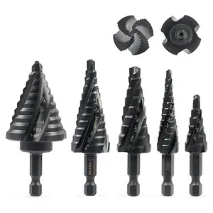 5PCS Four Spiral Flute Step Bits for Metal Step Drill Bit Set,  50 Sizes Titanium-Coated HSS Drill Bits with 1/4" Hex Shank for Stainless Steel Aluminum Wood Plastic