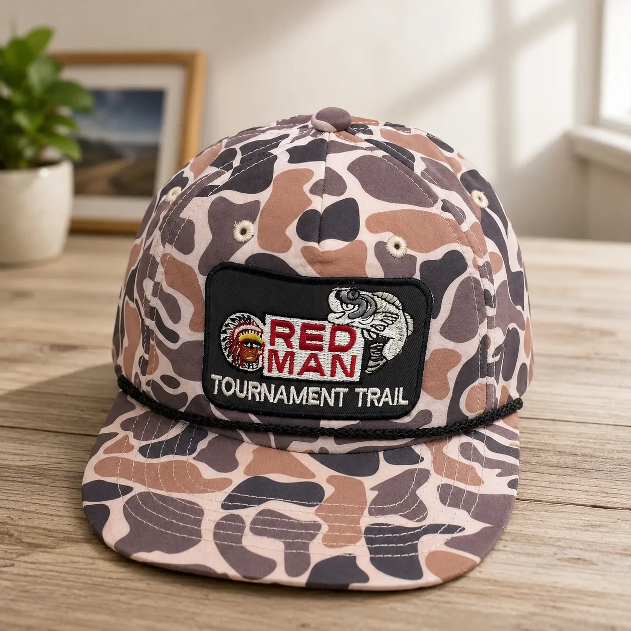 Red Man Tournament Trail Camo Patch Rope Hat, Vintage Retro Fishing Baseball Cap