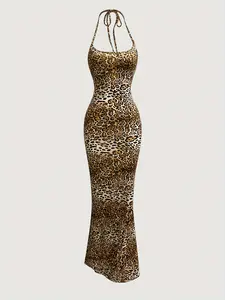 Leopard Print Halter Neck Bodycon Maxi Dress | Stretchy Slinky Fabric | Sexy Mermaid Hem | Night Out Party Outfit | Sleeveless Tie Back | Trendy Animal Print | 2025 Summer Must-Have | Date Night Dress | TikTok Viral Outfit | Flattering Bodycon Silhouette