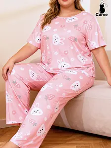 Summer Plus Size Casual Fashion Women's Pajama Set, Cute Rabbit Floral Print Round Neck Short Sleeve T-Shirt & Long Pants Sleepwear Loungewear, Womenswear
