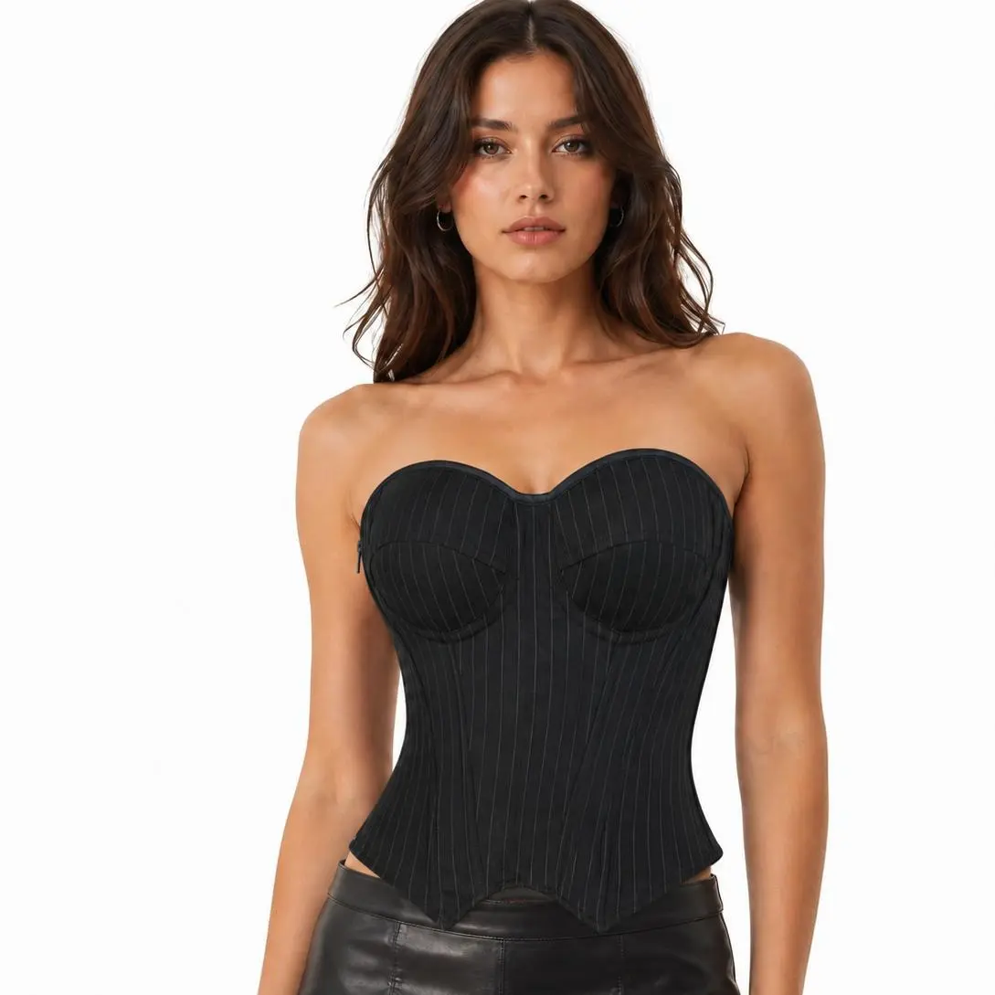 Women's Blazer-Style Corset Top, Strapless Striped Bustier with Built-in Underwire Cups, Boned Sleeveless Slimming Shapewear for Costumes, Strapless Freedom, Women's Fashion, Builtin Underwire, Blazer‑Style Edge