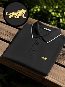Men's quick-drying polo shirt short-sleeve with a gold lion logo print design. It is breathable and comfortable for sports wear, won't fade, features a full-body fitting cut, sweat-absorbing, non-sticky to the body, and durable craftsmanship.
