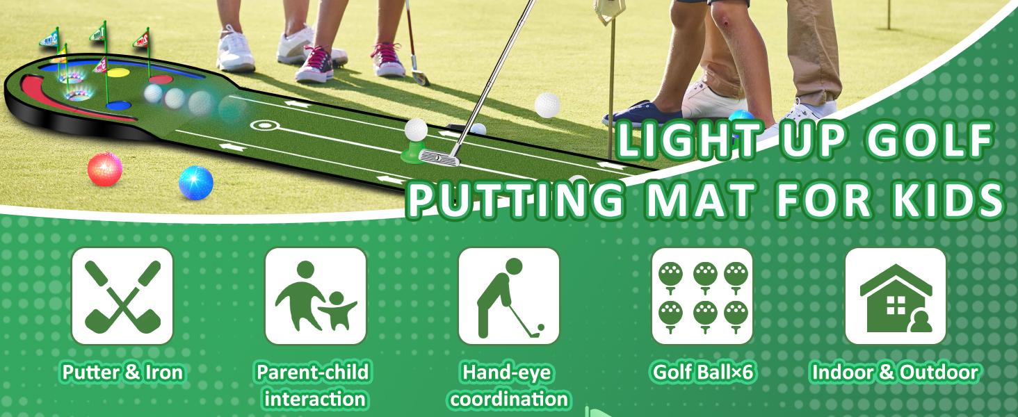 VATOS Golf Putting Mat Indoor for Kids - Golf Game Set with LED Balls, Glow Holes, Irons & Putters, Portable Putting Green Outdoor for Home Backyard Party, Golfs Toy Gifts for Kids 6-14
