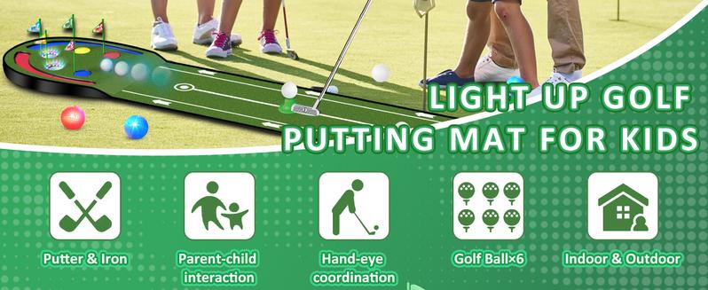 VATOS Golf Putting Mat Indoor for Kids - Golf Game Set with LED Balls, Glow Holes, Irons & Putters, Portable Putting Green Outdoor for Home Backyard Party, Golfs Toy Gifts for Kids 6-14