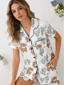 Women's Printed Lapel Short Sleeve Shorts Pajama Set, Loose Fit Homeewear Open Front Sleepwear, Unisex Comfortable Nightwear
