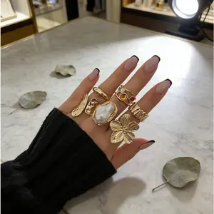 Women’s Trendy Flower & Pearl Statement Ring Set - Gold Cuff Rings  All-Match Casual/Party Jewelry Gift