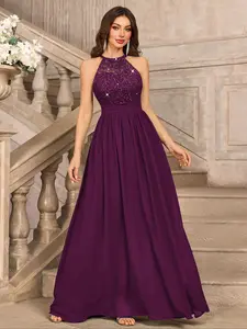 MIUSOL 24447A Sequin Floral Lace Halter Neck Sleeveless Ruched Chiffon Formal Party Maxi Dress,Formal Evening Gown, For Wedding Guest, Graduation, Dinner