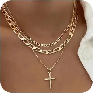 Cross Necklace for Women,Stackable Stacked Stacking Layering Layered Necklaces Dainty Gold Necklace Paperclip Box Flat Mariner Chain Necklace Cross Pendant Diamond Simple Jewelry Gift