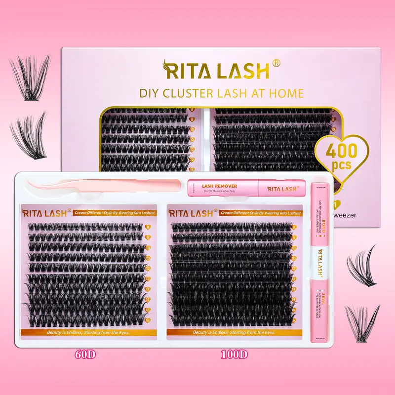 RITALASH Individual Cluster Lashes Kit - 400 Pieces Mix 60D+100D D Curl, Soft Comfortable DIY Eyelash Extension Set with Lash Adhesive, Seal, Remover & Tweezers for Daily Makeup, Parties