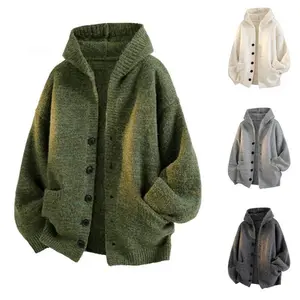 Hooded Cardigan Knitted Sweater Men's Autumn Winter Coat Seahorse Wool Lazy Loose Knitwear with Button Closure