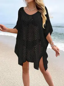 【Plus Size】Solid Batwing Sleeve Dress, Casual V Neck Side Split Knitwear for Beach Holiday Vacation, Swimwear Cover Up, Women's Plus Clothing for All Seasons
