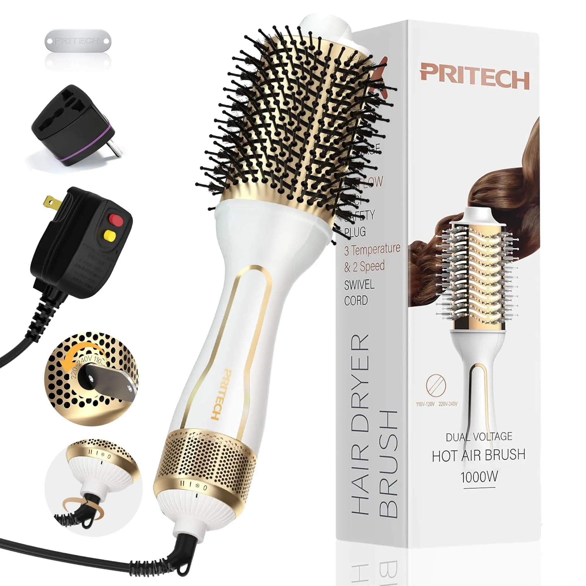 PRITECH 1000W 4 in 1 Hair Dryer Blow Dryer Brush in One,Dual Voltage Hair Dryer and Styler Volumizer with Oval Barrel, Professional Salon Hot Air Brush for All Hair Types (Black Gold)