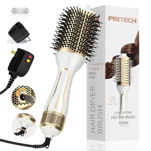 PRITECH 1000W 4 in 1 Hair Dryer Blow Dryer Brush in One,Dual Voltage Hair Dryer and Styler Volumizer with Oval Barrel, Professional Salon Hot Air Brush for All Hair Types (Black Gold)
