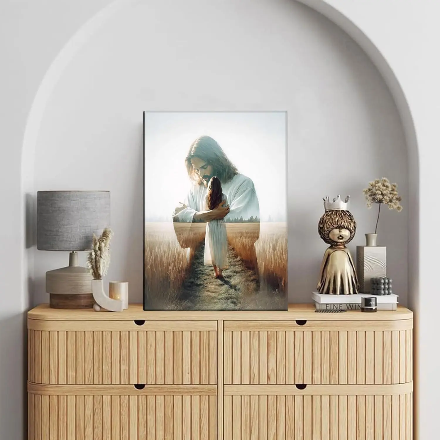 Jesus Hugging Woman Canvas Wall Art Framed Christian Healing Embrace Bible Stories Poster for Bedroom Living Room Church Dining Home Decoration Pine Wood Artwork