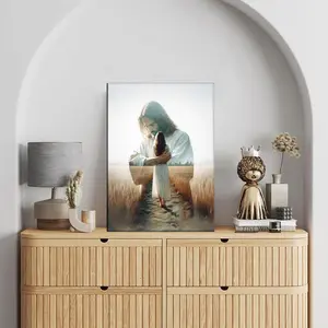 Jesus Hugging Woman Canvas Wall Art Framed Christian Healing Embrace Bible Stories Poster for Bedroom Living Room Church Dining Home Decoration Pine Wood Artwork