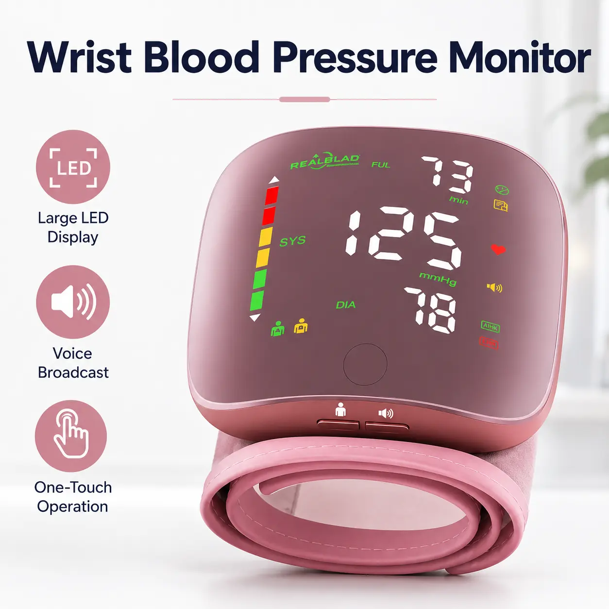 Wrist Blood Pressure Monitor with Large LED Display & Voice Broadcast, One-Touch Digital BP Monitor for Home Use, Fits Wrist 5.3–7.6 in