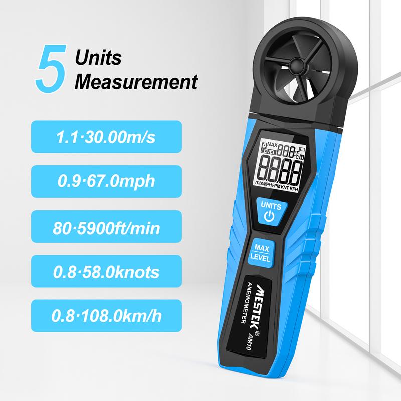 Mestek AM10 Digital Anemometer Wind Speed Gauge Meter Five Modes Rotate Wind Speed temperature measure 5 Unit m/s MPH FPM KNT KPH Wind Speed Meter
