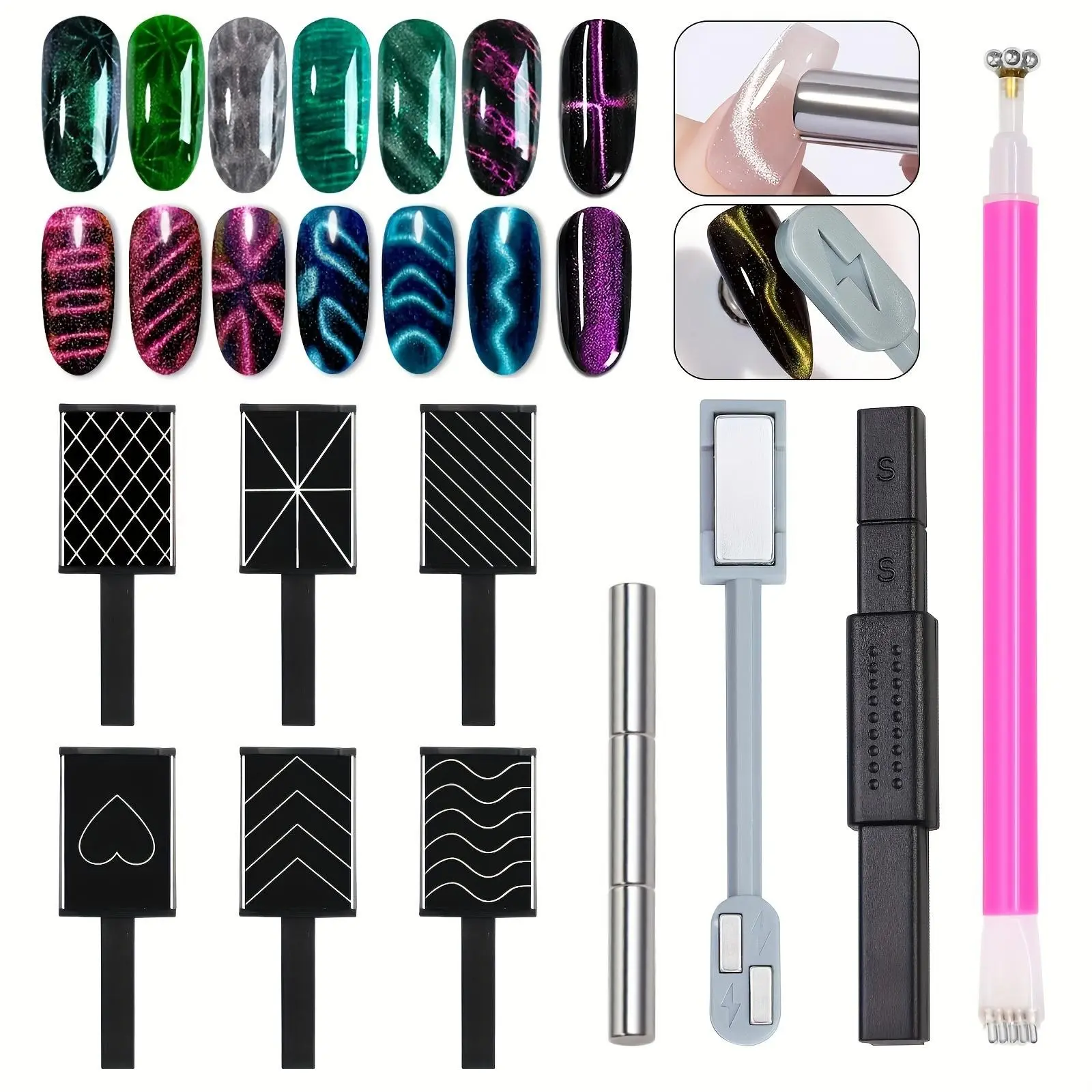 12-Piece Cat Eye Nail Magnet Set, Multifunctional No-Scent Design, Manicure, Flower & Lightning Patterns, Stunning Nail Art Effects, Nail Art Kit, Nail Decoration Kits