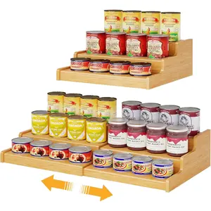 Expandable Bamboo Can Rack Storage Rack for Pantry, Three-Layer Adjustable Can Storage Rack, Soda Can Storage Rack Can Hold Up to 24 Cans, Suitable for Pantry, Cabinet, Kitchen Countertop Can Storage Display Rack
