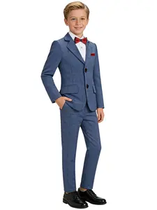 Boys 4-Piece Plaid Suit Set 👔 | Blazer + Vest + Pants + Bow Tie | Blue/Grey | No Shirt Included | Perfect for Weddings, Birthdays, Family Photos & All Formal Occasions - 23820