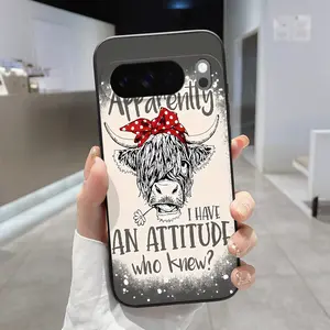 Rounded Edge TPU Phone Case for Google Pixel 10 9 8 7 Pro A XL Attitude - Cow - Chic Pattern Drop Protection Shockproof Soft Liquid Silicone Smartphone Cover