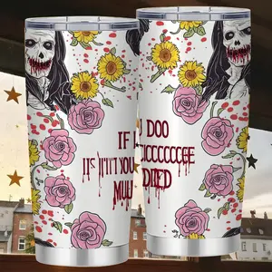 Horror Zombie Grid Tumbler - 20oz Stainless Steel Mug with 8 Grotesque Zombie Faces & Central Sunglasses Woman in Blood Splatter Design