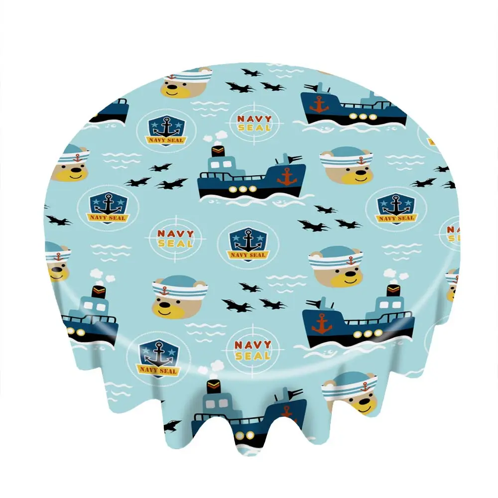 Personalized Custom Round Tablecloth 59.84 Inch, Custom Photo Text Nautical Navy Sailor Bear Ship Anchor Print Waterproof Circular Table Cover, Kids Navy Theme Dining Table Decor for Indoor Outdoor Party