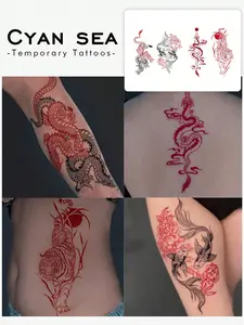 4Pcs Red Black Chinese Dragon Tiger Koi Fish Temporary Tattoos Set, Waterproof Long-Lasting Fake Tattoo Stickers, Traditional Asian Body Art for Men Women, Skin-Safe No Pain Tattoos for Arm Back