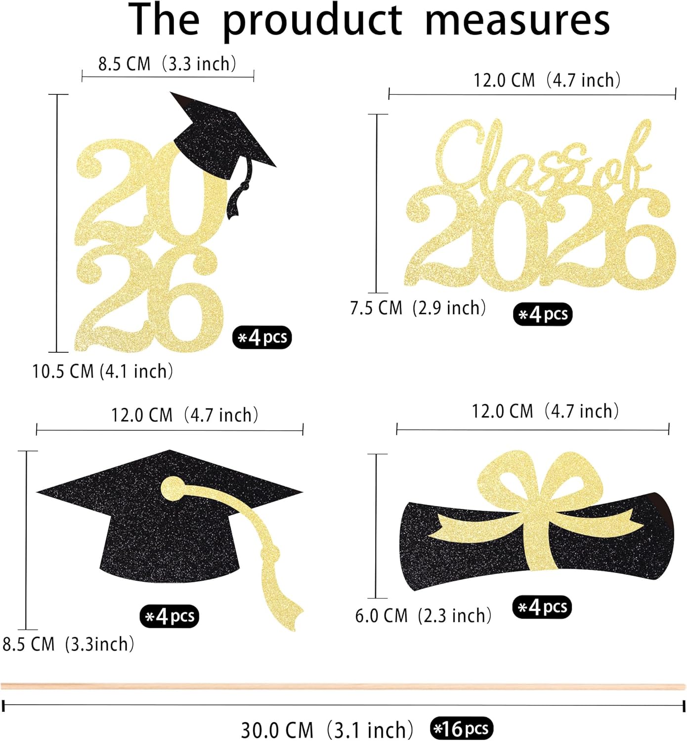 Set of 16/32/48 Graduation Cake Toppers 2026 - Paper Material, Themed Design & Festive Decor, for Cupcakes, Party Desserts & School Celebrations &Bouquet&Tables