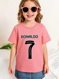 Girls' Ronaldo 7 Number T-Shirt, Short Sleeve Sport Idol Print, Comfortable Breathable Fabric, Casual Daily Wear for Kids, Cute Cartoon Clothes, Funny Graphic Tee