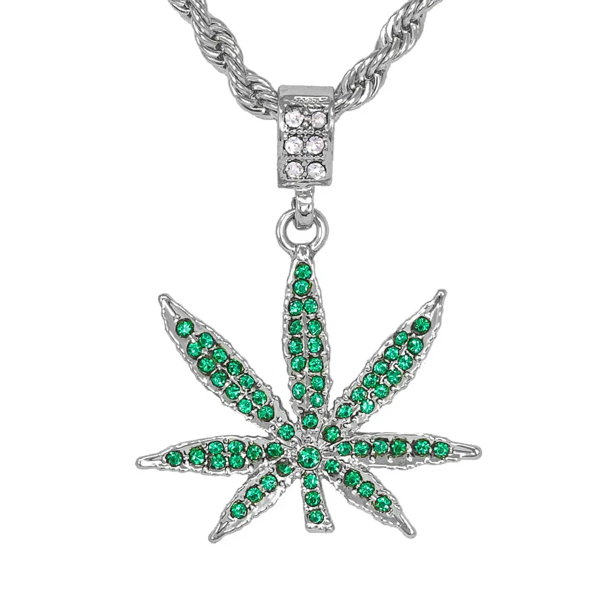 MaxBling81 Iced Out Weed Leaf Pendant with Gold & Silver Plated 4mm Rope Chain, Unisex Long Hip Hop Necklace, 18-24 Inch, 40Mm X 30Mm
