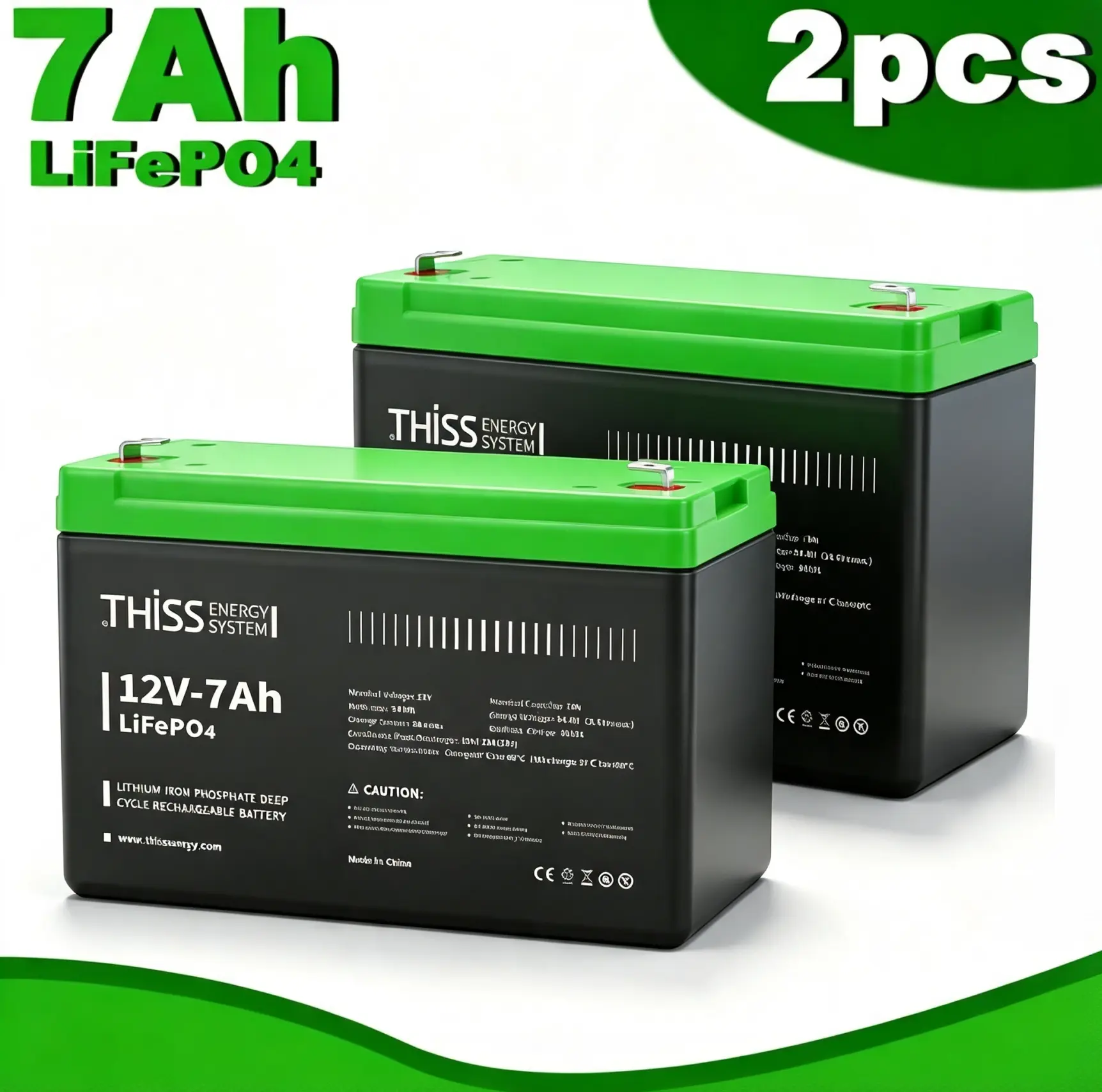 2 Packs 12V 7Ah Lithium LiFePO4 Battery, Rechargeable Battery, Up To 5000+ Deep Cycle Lithium Iron Phosphate Battery Built-in BMS, Ideal For Small UPS, Lighting, Solar Power, Fish Finder, Kids Ride On Car