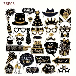 36pcs/set of Birthday Photo Booth Props Happy Birthday Props, Birthday Party Photo Decoration Props Set, Decoration Party and Dance Party Black Golden Photo Decoration for Halloween,Christmas Event & Party Supplies, Dance Parties, Festive Events