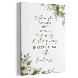 Proverbs 31:26 Religious Floral Canvas Wall Art - Inspirational Quote Wood Framed Print - Botanical Home Decor for Bedroom Living Room and Entryway