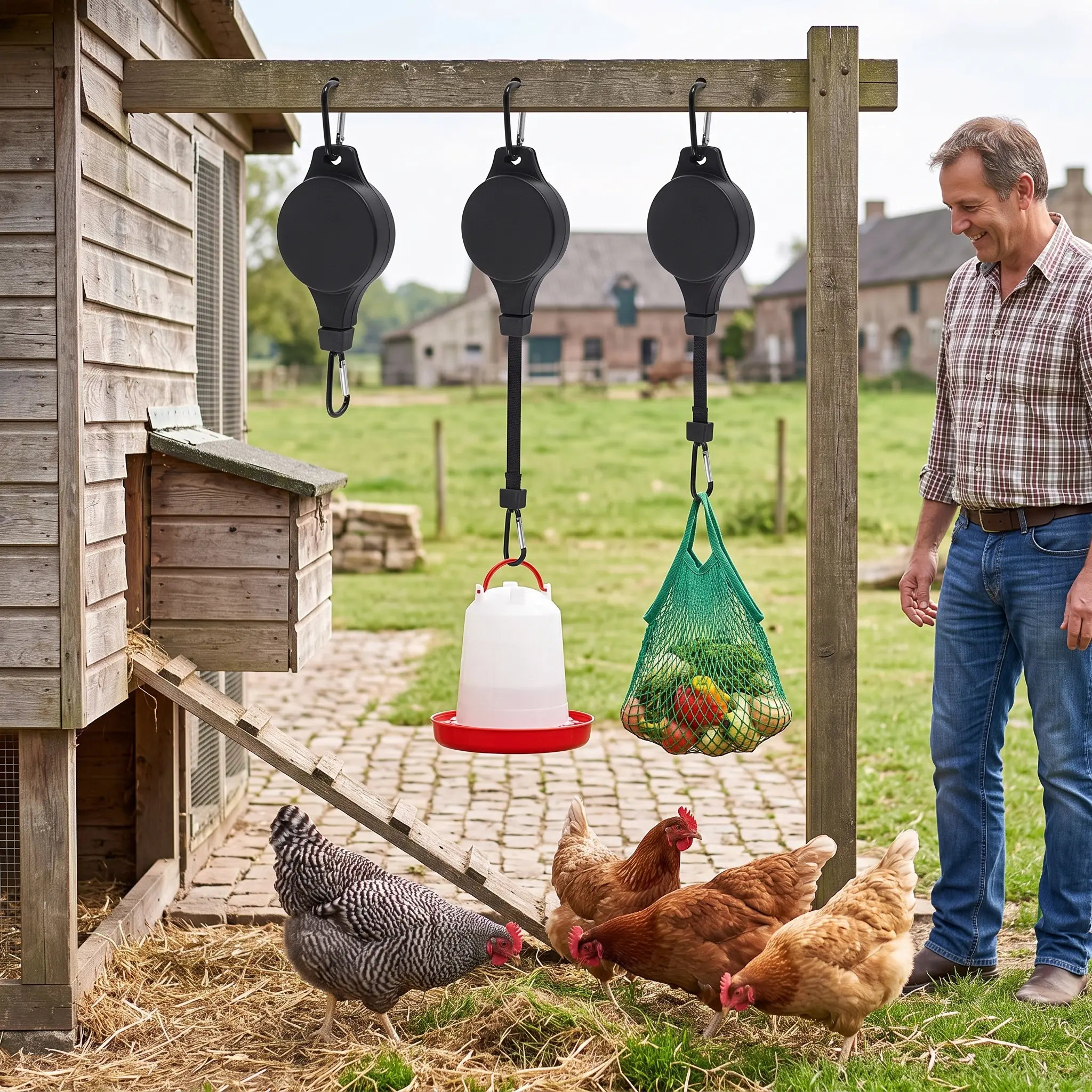Adjustable Extendable Poultry Feeder Hook, Pulley System for Chicken Feeders and Waterers, Garden Plant Hook, Adjustable Coop Accessory, Tools