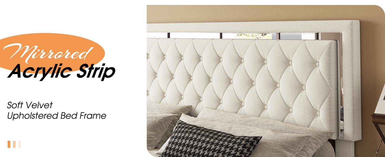 AMERLIFE Modern Bed Frame with Two Storage Drawers and Smart LED Lights, Velvet Upholstered Platform Bed Adjustable Headboard, Acrylic Mirror Decoration/Luxury Bedroom Furniture/Full/Queen/King Size/Best Gift Ideas/Christmas Gifts