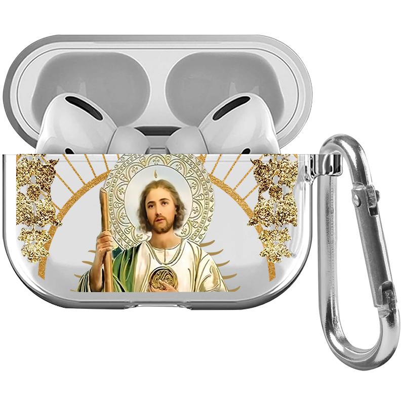 Divine Saintly Radiance Pattern Protective Case for AirPods 4/3/2/1/Pro/Pro2 Soft TPU Earphone Cover, Transparent with Keychain