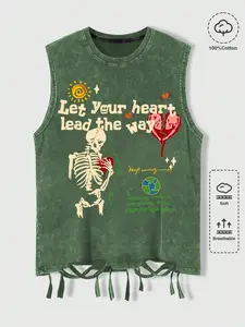 American Retro Vest for Casual Wear, 100% Cotton Washed Fabric, Fun Print, Graphic, Fringe Hem, Sleeveless Design, Fitted, Perfect for School and Commuting, Vest Tops