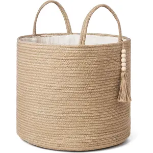 Woven Storage Basket Decorative  Rope Basket Wooden Bead Decoration for Blankets,Toys,Clothes,Shoes, Organizer Bin with Handles Living Room  Decor, Jute, 16" W x 13.8"L