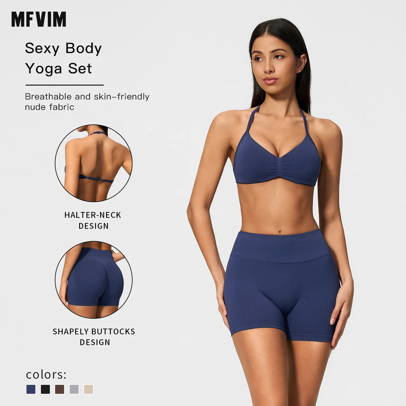 MFVIM women’s ruched halter yoga set — skin-friendly “naked feel,” high-waisted butt-lifting cycling shorts, two-piece fitness set